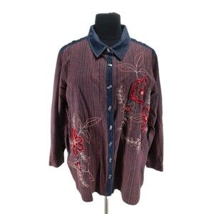 LIZE & ME Women Plus Size 4X Floral Denim Button Up Shirt Embroidery 20NA